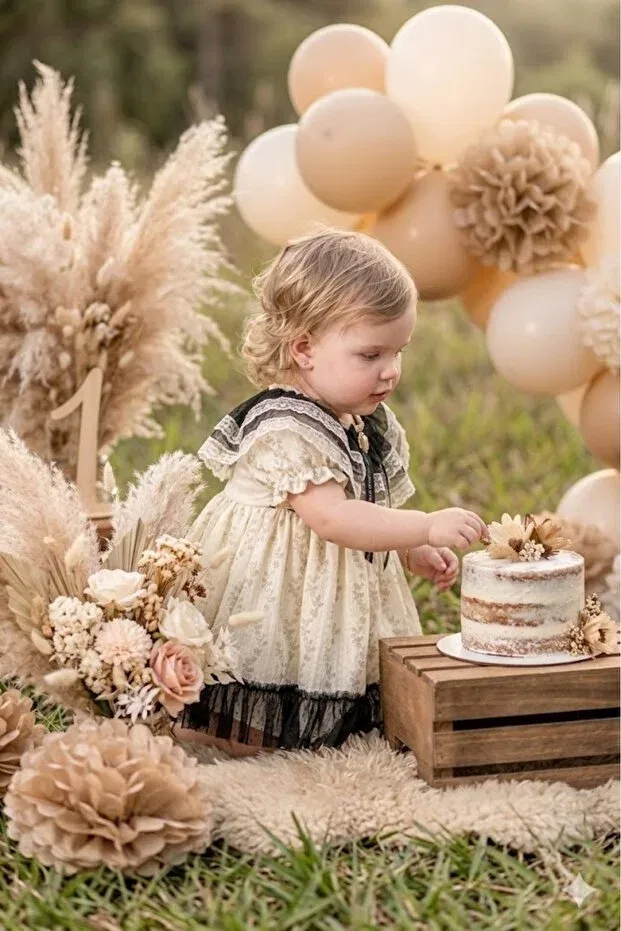 Детское платье для девочек с коротким рукавом Baby Girl Vintage Dress with Bandana Accessory Noy Noy, Ecru — фото 3
