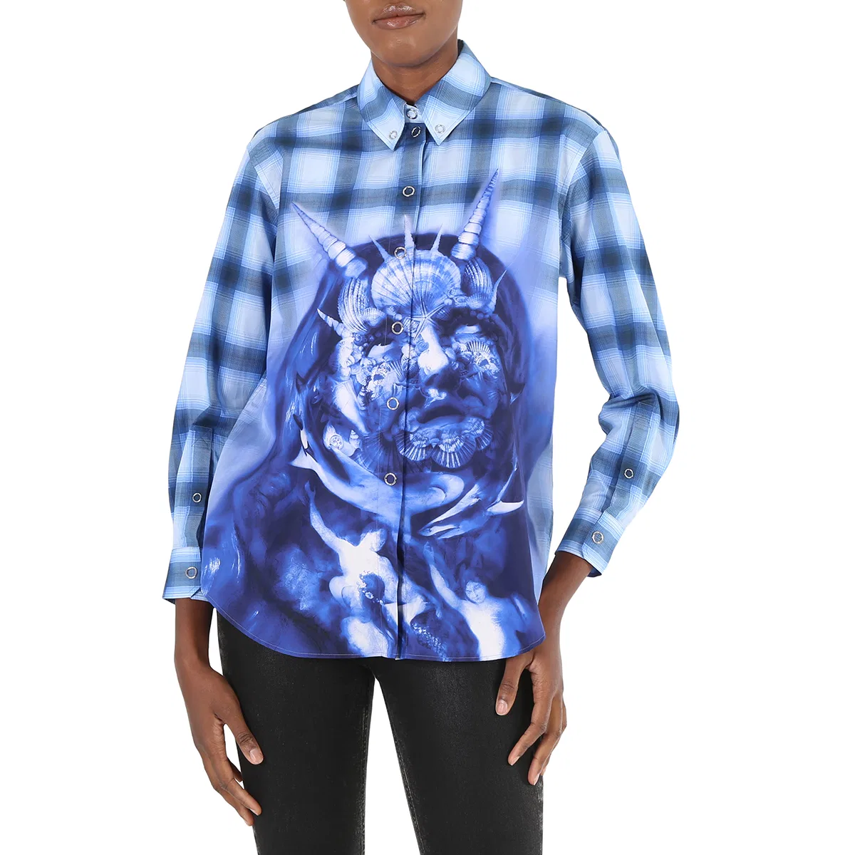 Рубашка женская с принтом Sea Maiden Print Plaid Burberry, Ink Blue Ip Pattern