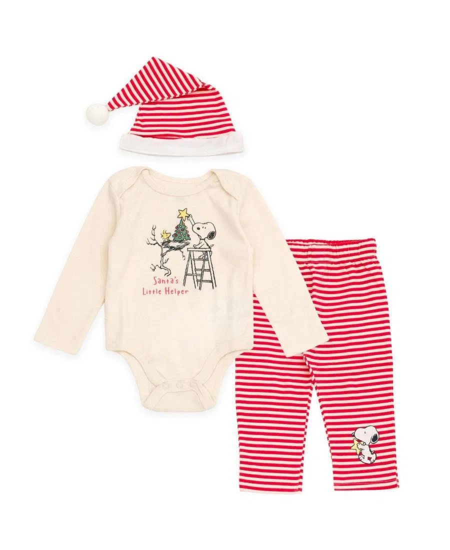 Комплект из 3 предметов: боди с длинным рукавом, штаны и шапка Peanuts, Snoopy Cream Red