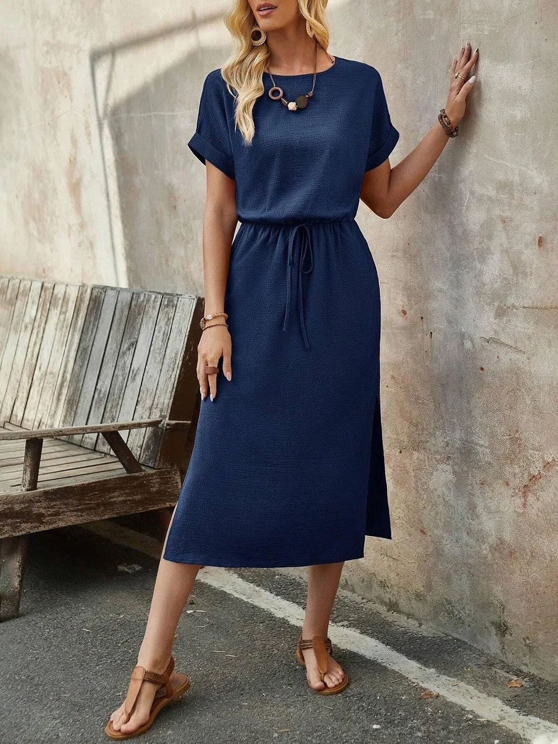 Женское летнее платье миди с рукавами-крылышками, Navy Blue — фото 4