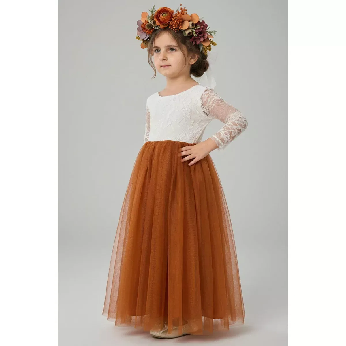 Детское платье-макси для девочек с длинным рукавом Rose Lace Tulle 2bunnies, Orange — фото 4
