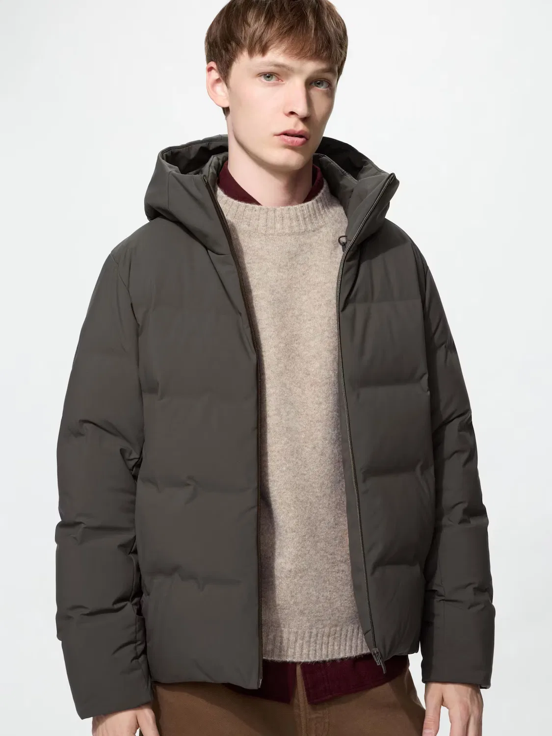 Пуховик Uniqlo, бесшовный пуховый парка, темно-коричневый