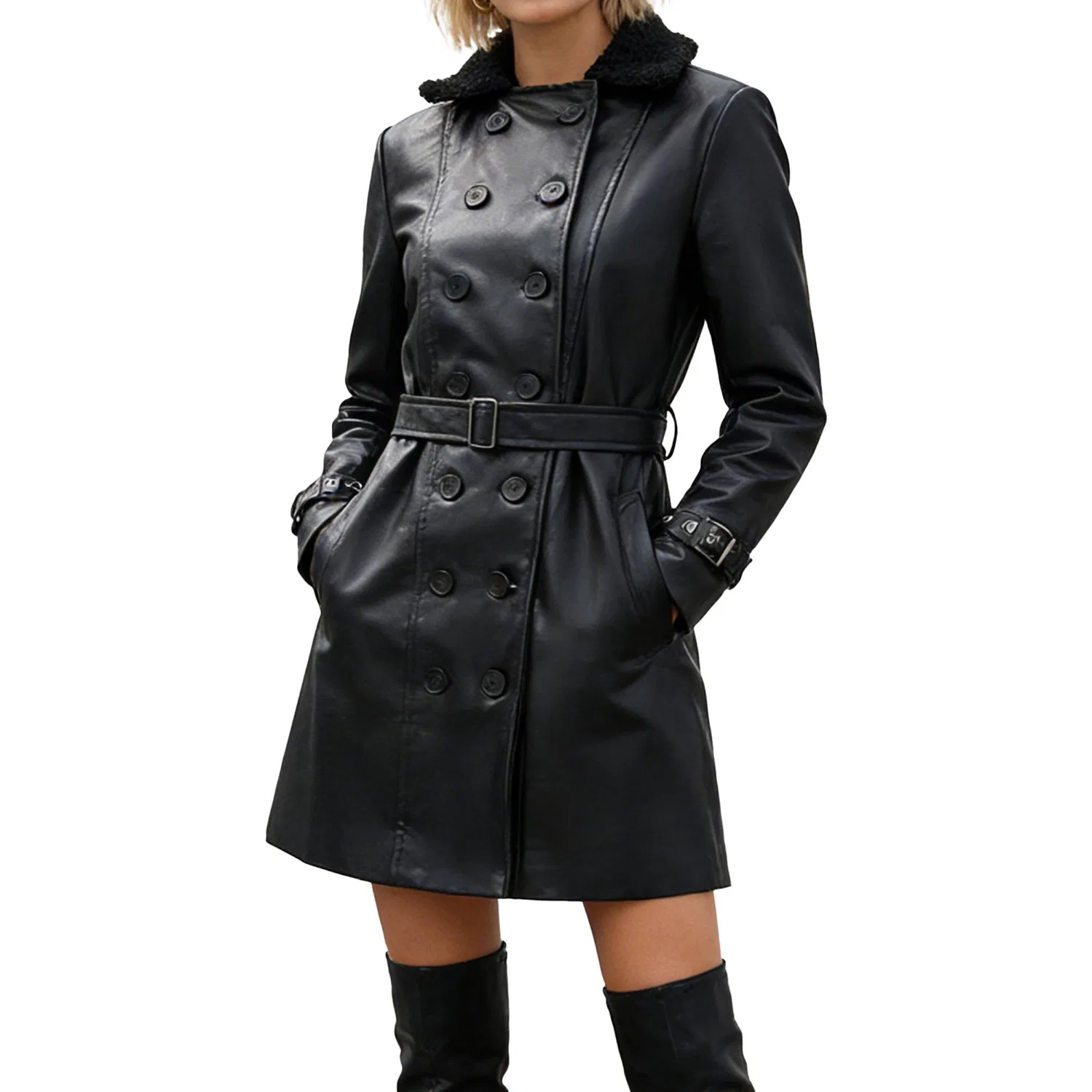Женское пальто из экокожи с лацканами, двубортное, модель Fashion, бренд, Black