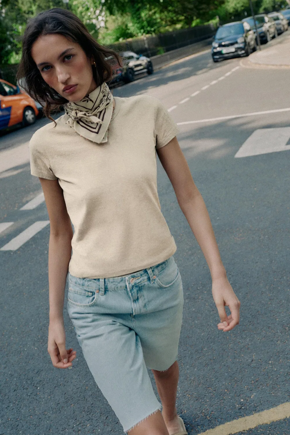 Хлопковая футболка с коротким рукавом ZARA, Ecru