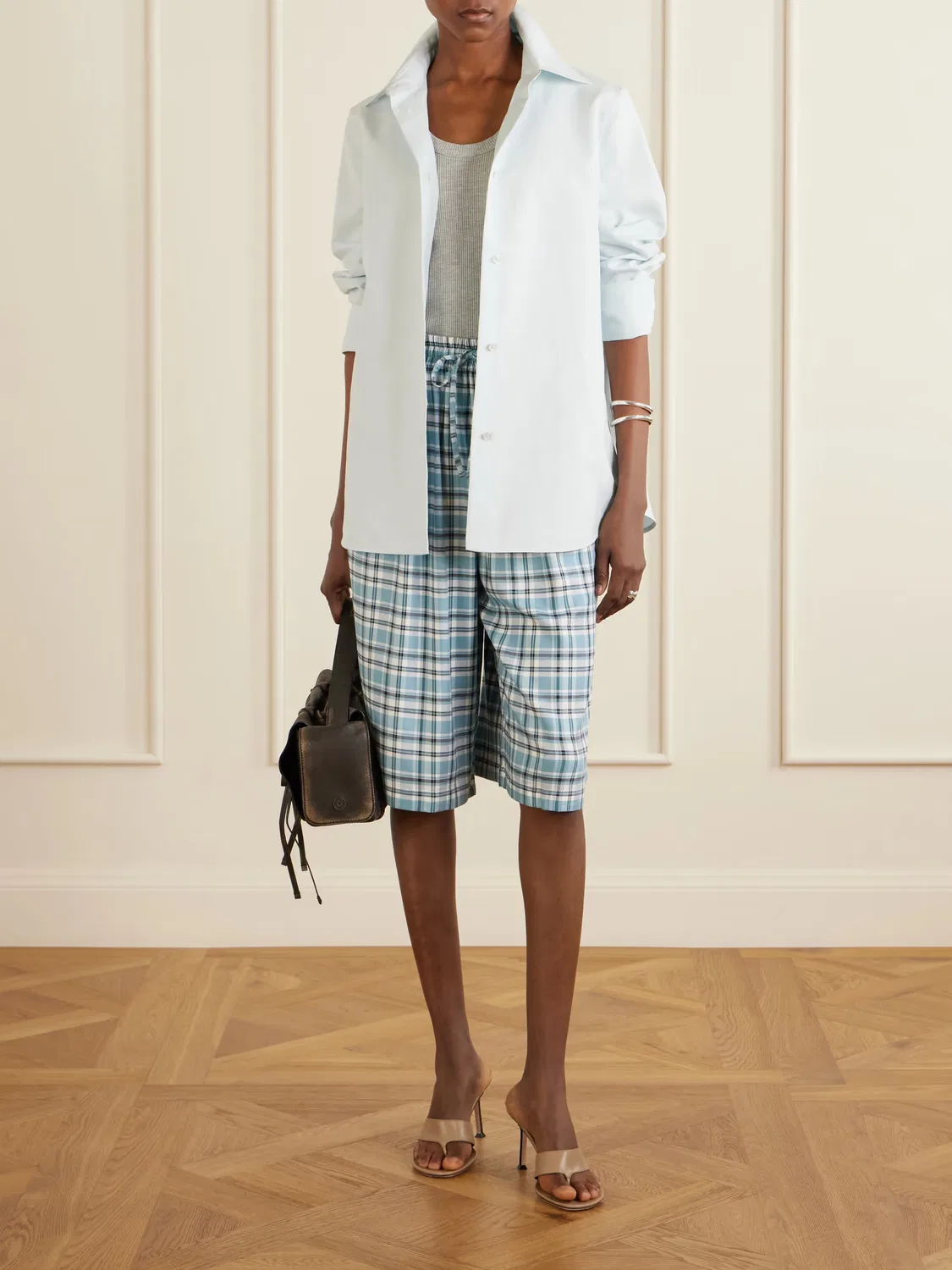 Фланелевые шорты в клетку с вышивкой Acne Studios, синий — фото 2