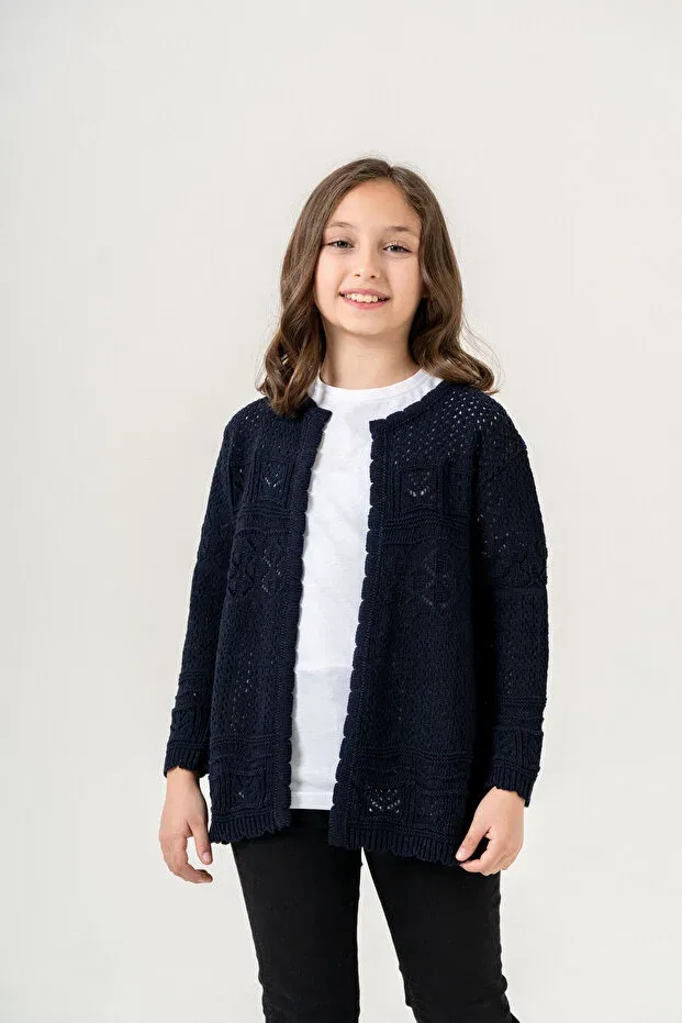 Детский кардиган для девочек с ажурным узором Cloudy Kids, Navy Blue