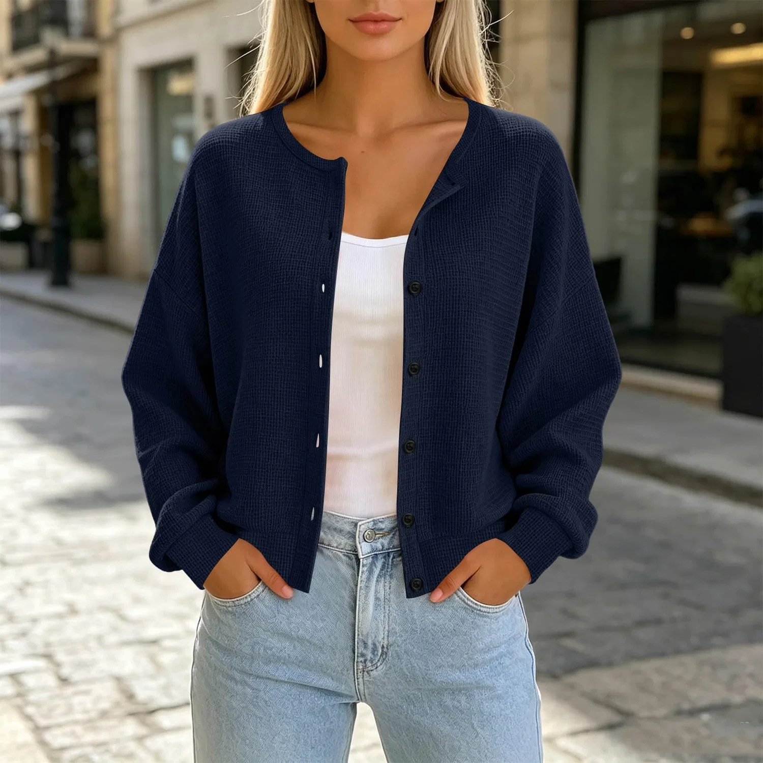Женский укороченный кардиган с длинным рукавом, Blu navy 1 — фото 3