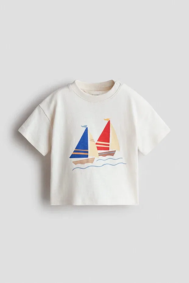 Детская хлопковое футболка с вышивкой H&M, Cream Sailboats — фото 4