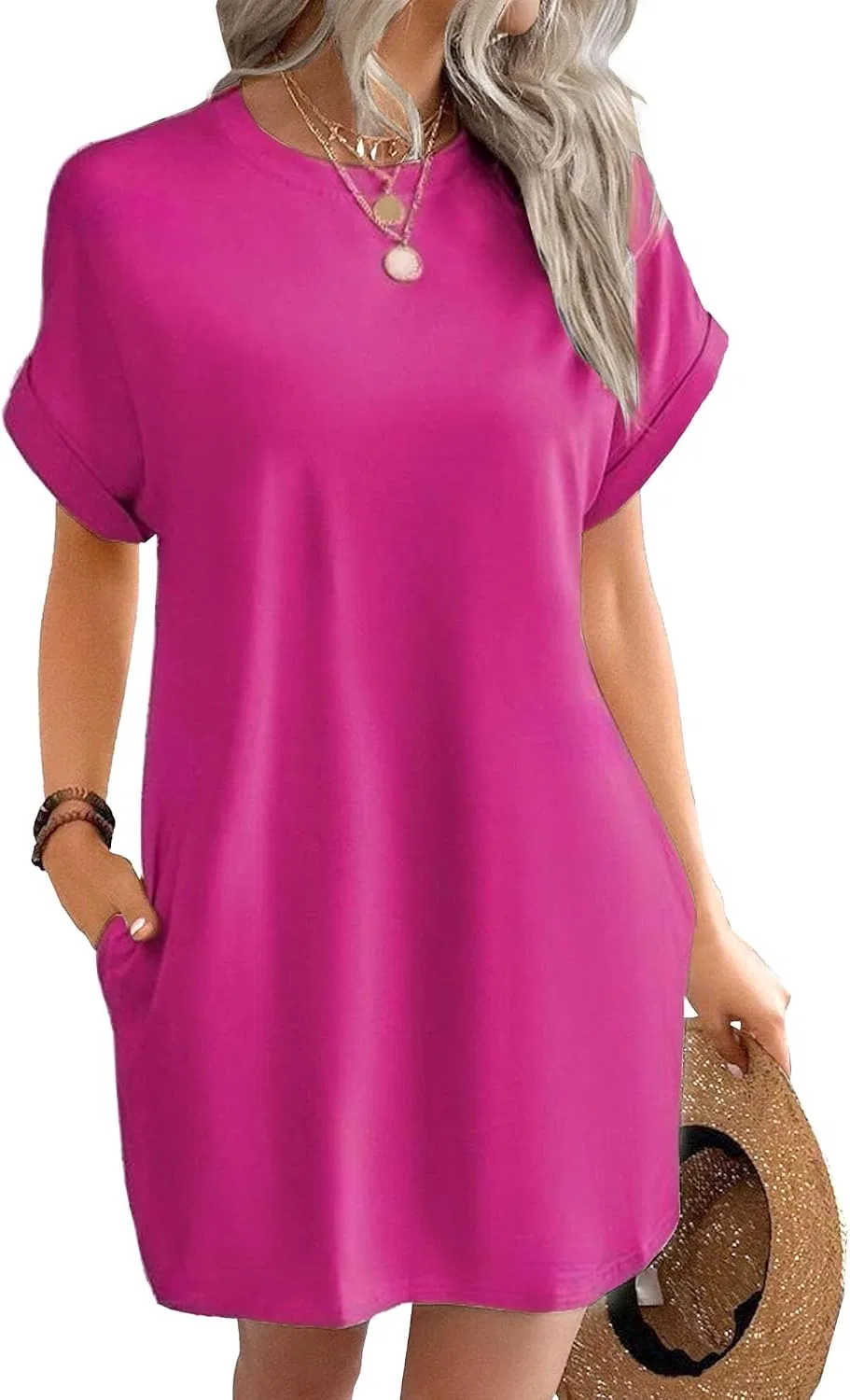 Женское повседневное платье-футболка с карманами, Hot Pink