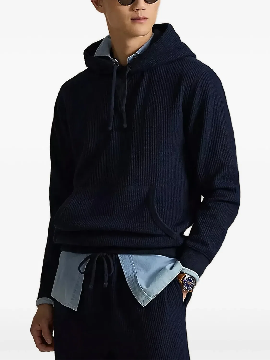 Свитер с капюшоном из вафельной вязки Polo Ralph Lauren, темно-синий