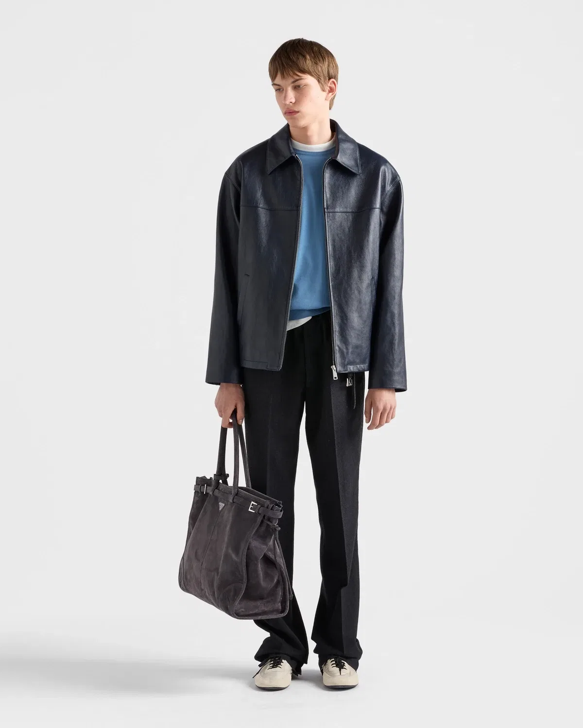 Куртка из кожи наппа с воротником рубашечного типа Prada, синий — фото 2