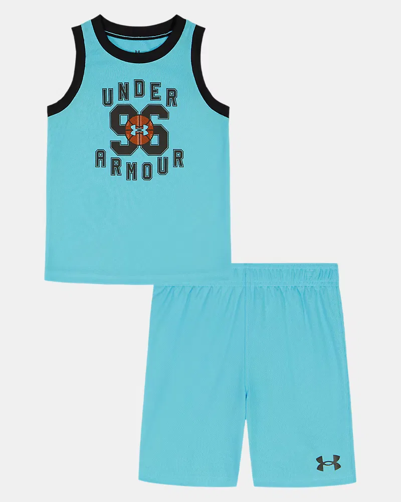 Комплект для мальчиков быстросохнущий, из майки и шорт UA Basketball Jersey UnderArmour, Fresco Blue/Black