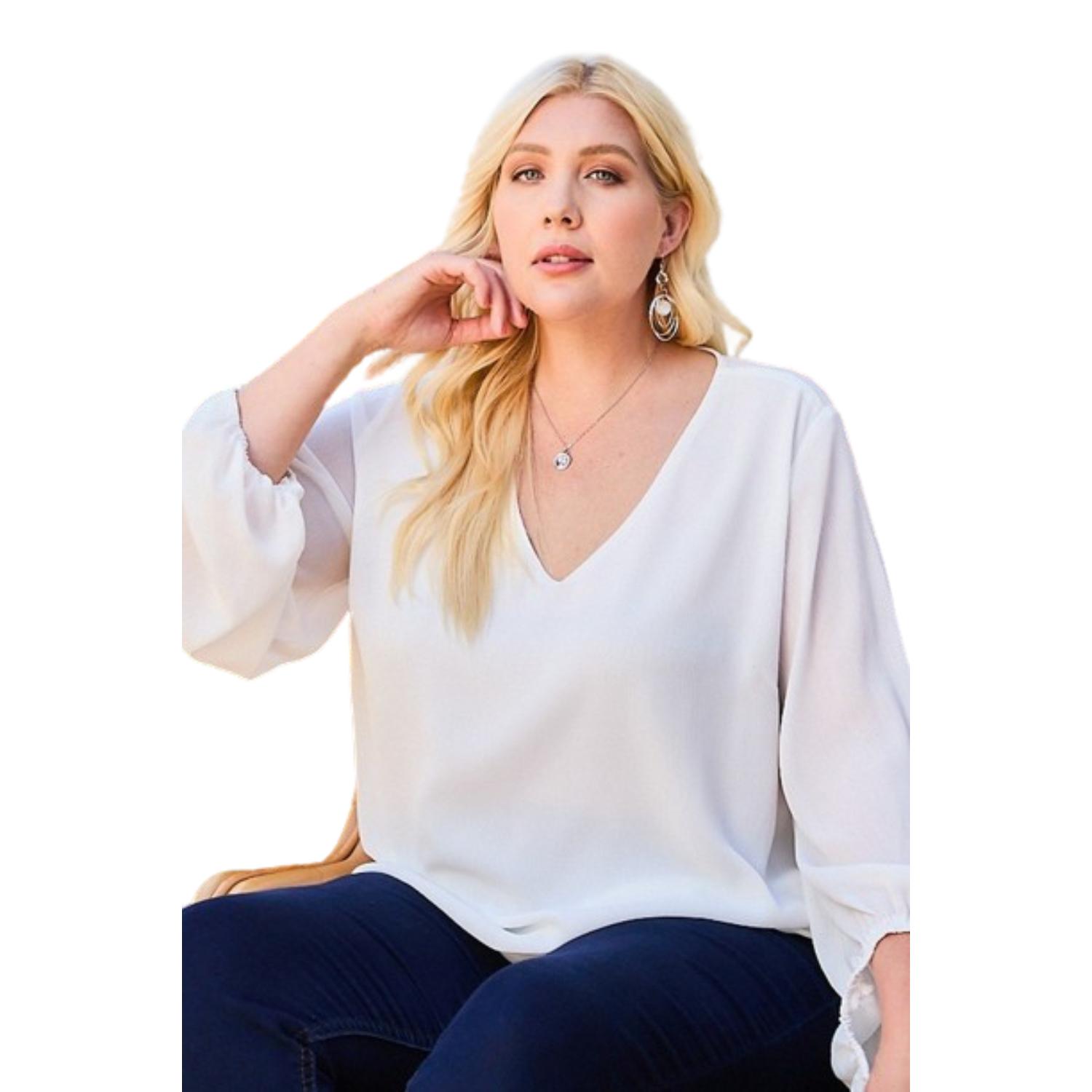

Однотонный топ с V-образным вырезом и рукавами-фонариками FASHNZFAB, белый