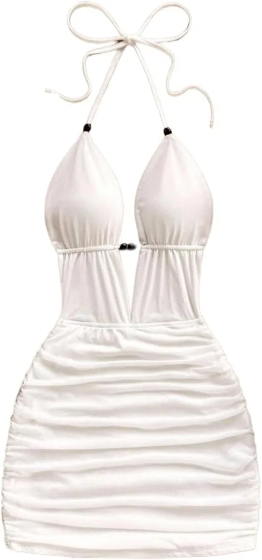 Женское мини-платье bodycon с V-образным вырезом и завязками, White