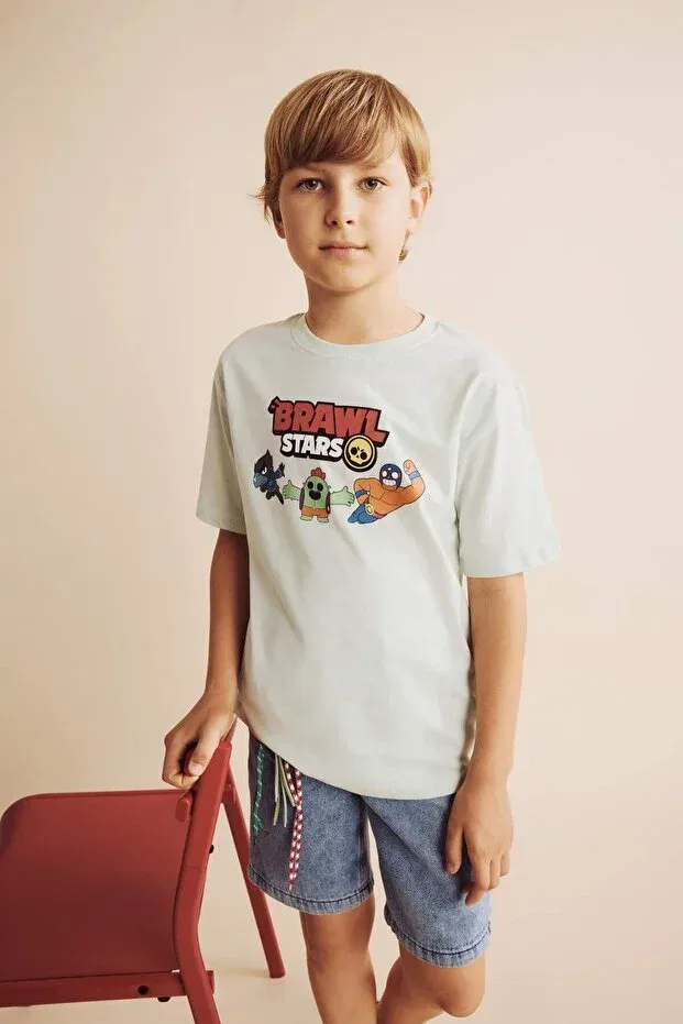 Детская футболка для мальчиков с принтом Brawl Stars Oversized Crew Neck Short Sleeve T-Shirt Defacto, Green Gn1139 — фото 2