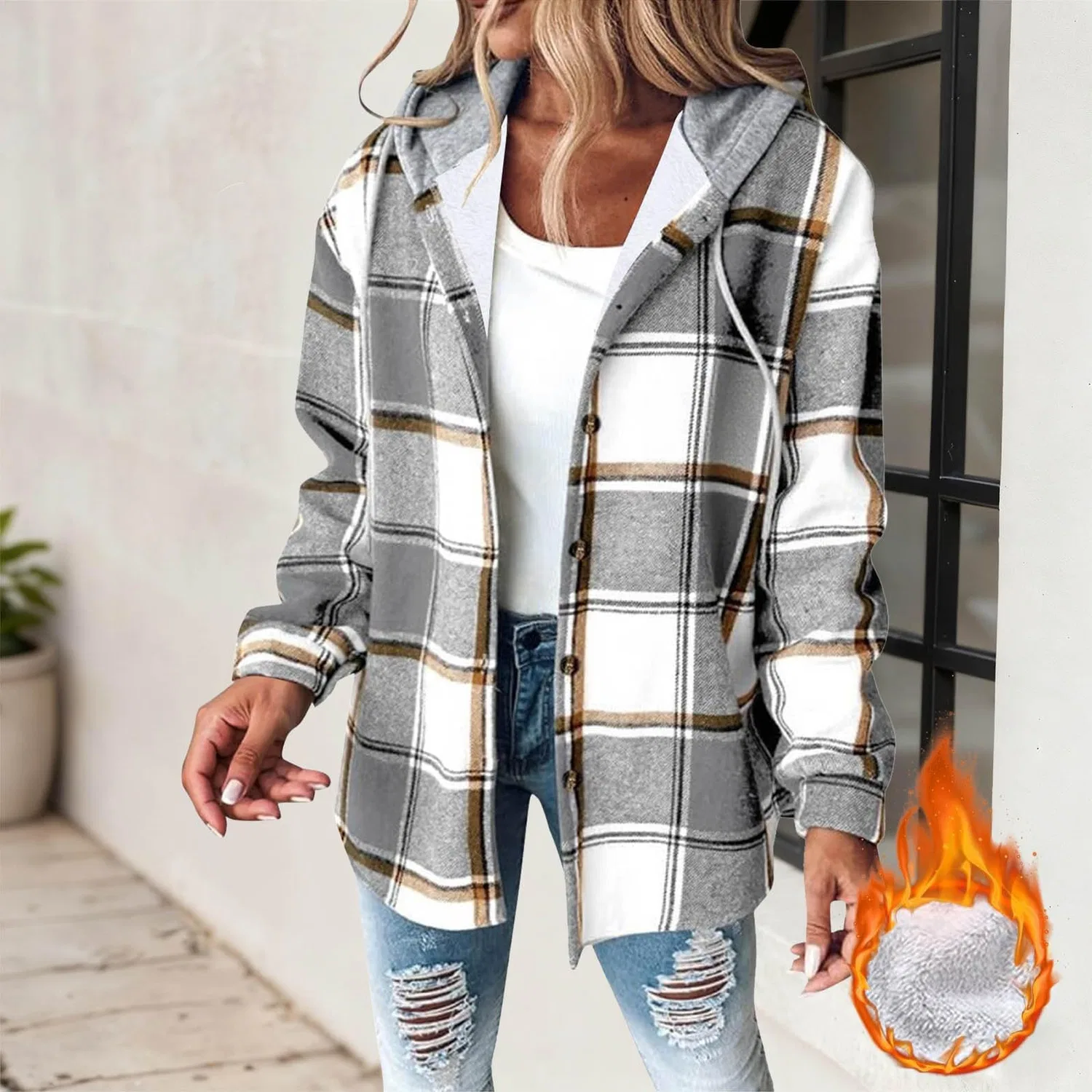 Женское пальто свободного кроя с принтом Elegante stampa casual a quadri, Grigio-a — фото 2