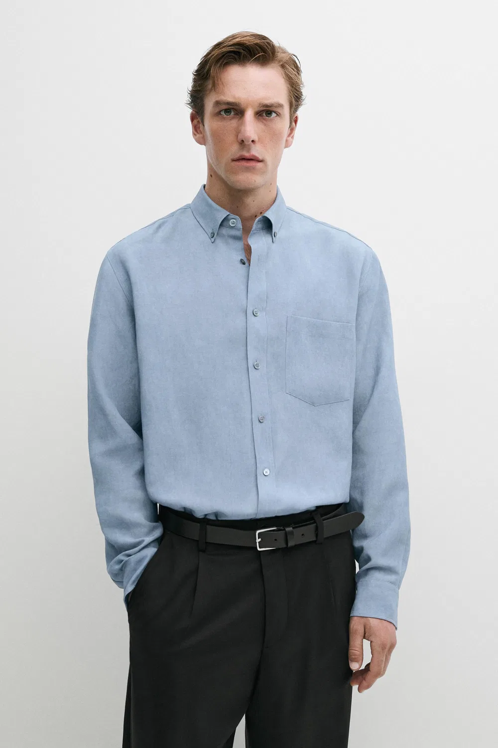 Рубашка Massimo Dutti, свободная, из лиоцелла и льна, синяя — фото 2
