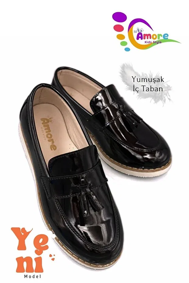 Детские туфли для мальчиков с коротким каблуком Corcik Moda Anna, Black Patent Leather White
