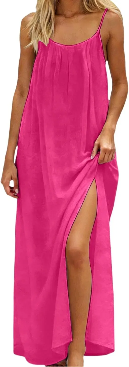 Женское летнее макси-платье на тонких бретелях с открытой спиной, Hot Pink