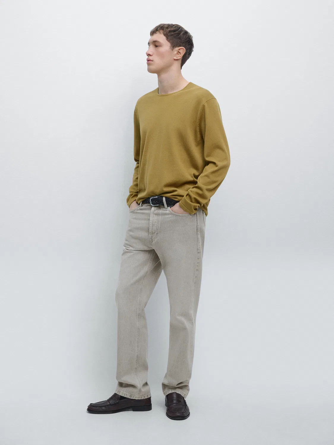 Вязаный свитер с круглым вырезом из 100% хлопка Massimo Dutti, оливковый