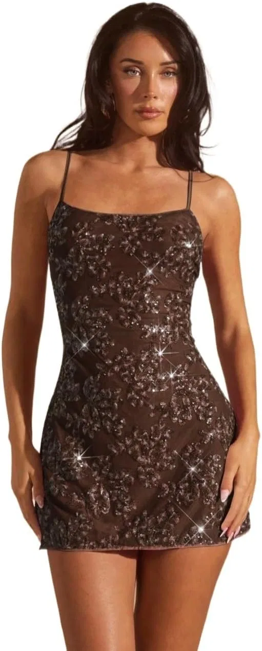 Женское мини-платье с пайетками Sequin Backless, Brown