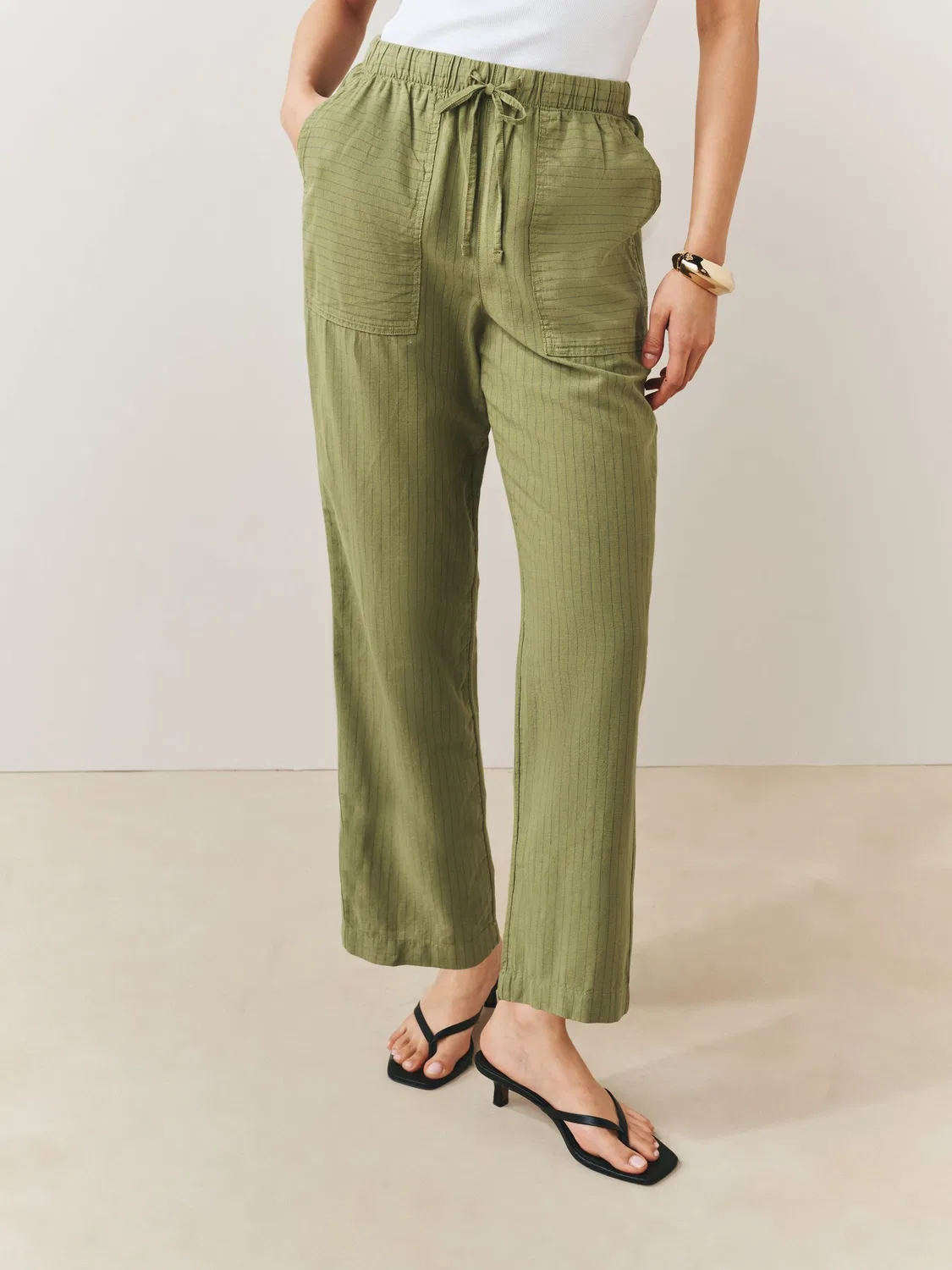 Брюки-бабочка с завязками Cotton Linen Blend Next, хаки-зеленый в полоску — фото 2