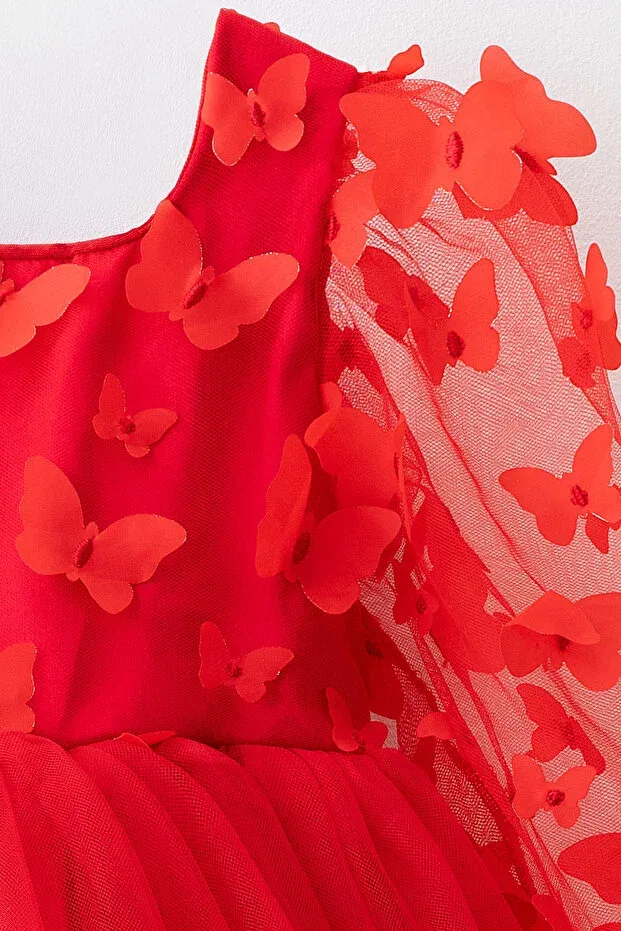 Детское платье для девочек из фатина с принтом Lorelai 3d butterfly detailed tulle tutu dress Banamio, Red — фото 2