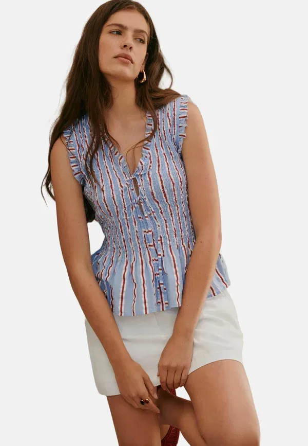 Блуза с запахом, хлопок, Regular fit - smocked tie front v-neck top Next, red blue stripe, синий