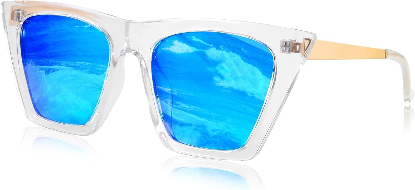 

Винтажные поляризованные солнцезащитные очки FEISEDY квадратной формы «кошачий глаз» для женщин, модные поляризованные солнцезащитные очки «кошачий глаз» B2692, Clear Frame/Blue Mirrored Lenses