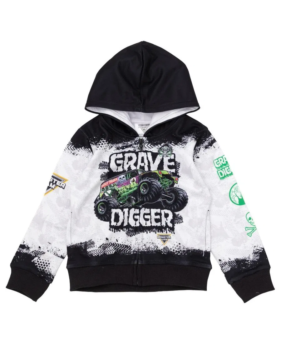 Детская футерная худи-кофта на молнии с принтом Grave Digger Monster Jam Monster Jam, Grave Digger White