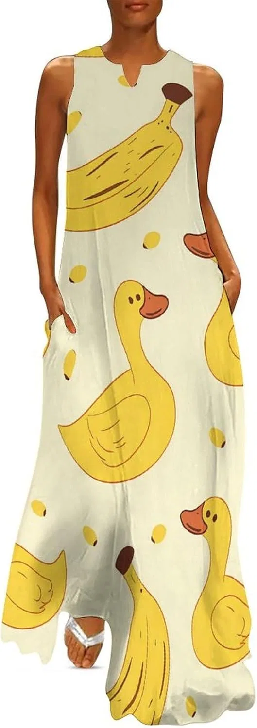 Женский летний сарафан без рукавов с карманами, Yellow Duck and Bananas, Style-3