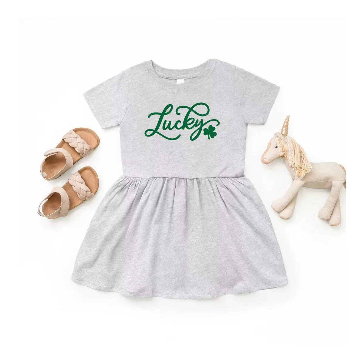 Детское платье для девочек с принтом Cursive Lucky Clover The Juniper Shop, Heather Grey — фото 2