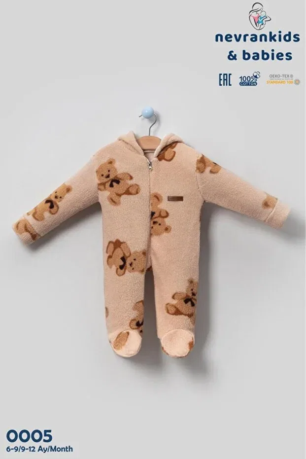 Детский комбинезон-куртка с искусственным мехом, с капюшоном, на молнии Unisex baby welsoft plush coat-jumpsuit hooded zippered teddy bear winter 3 tog double layer Nevrankids, Beige — фото 4
