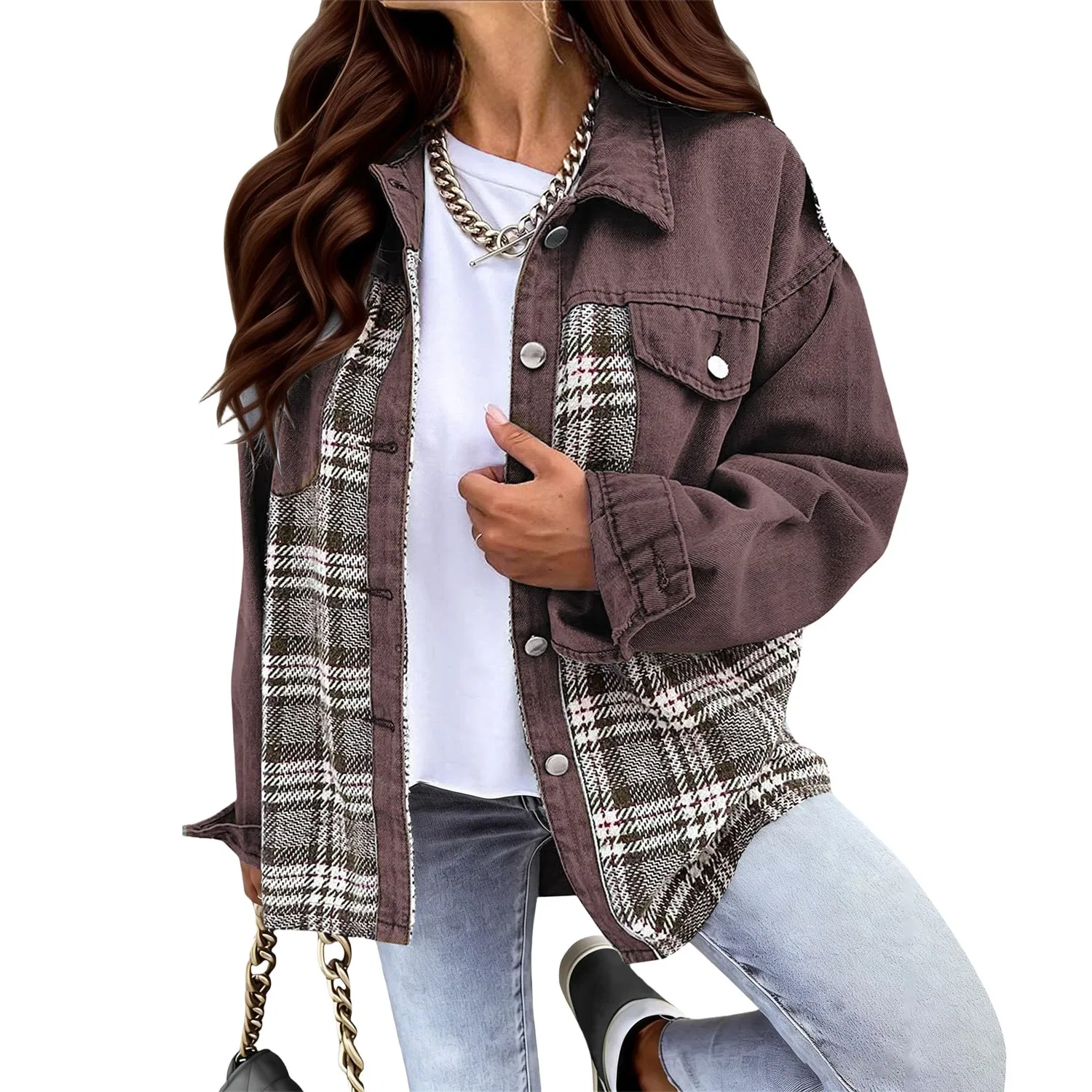Женское джинсовое пальто с длинным рукавом Plaid, brown