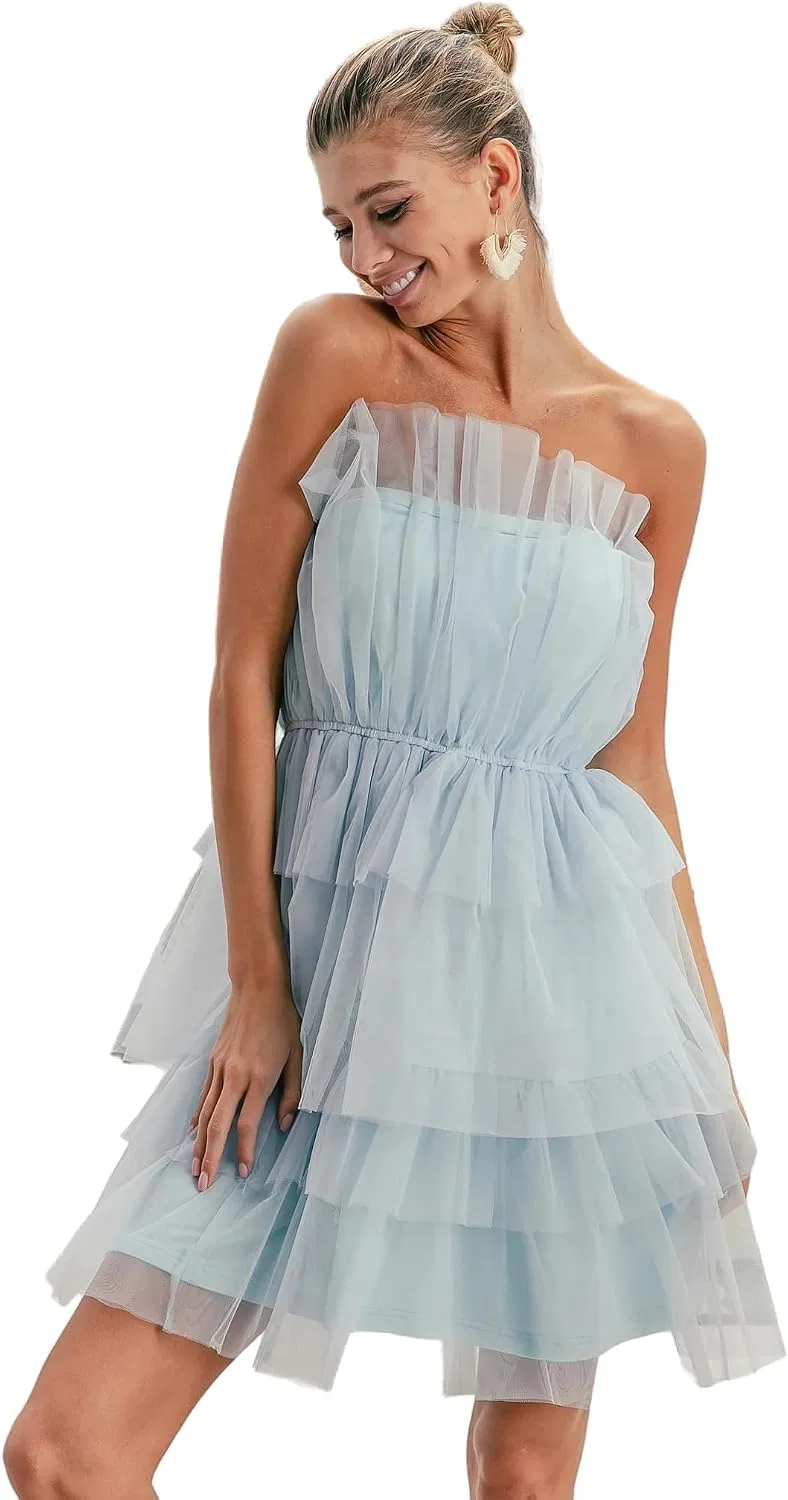Женское прямое платье с многослойной органзой Sleeveless Layered Organza, Sky Blue