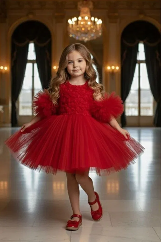 Детское вечернее платье для девочек с пайетками Pom-Pom sleeve rose embossed children's evening dress aby246, Red Abiyekids