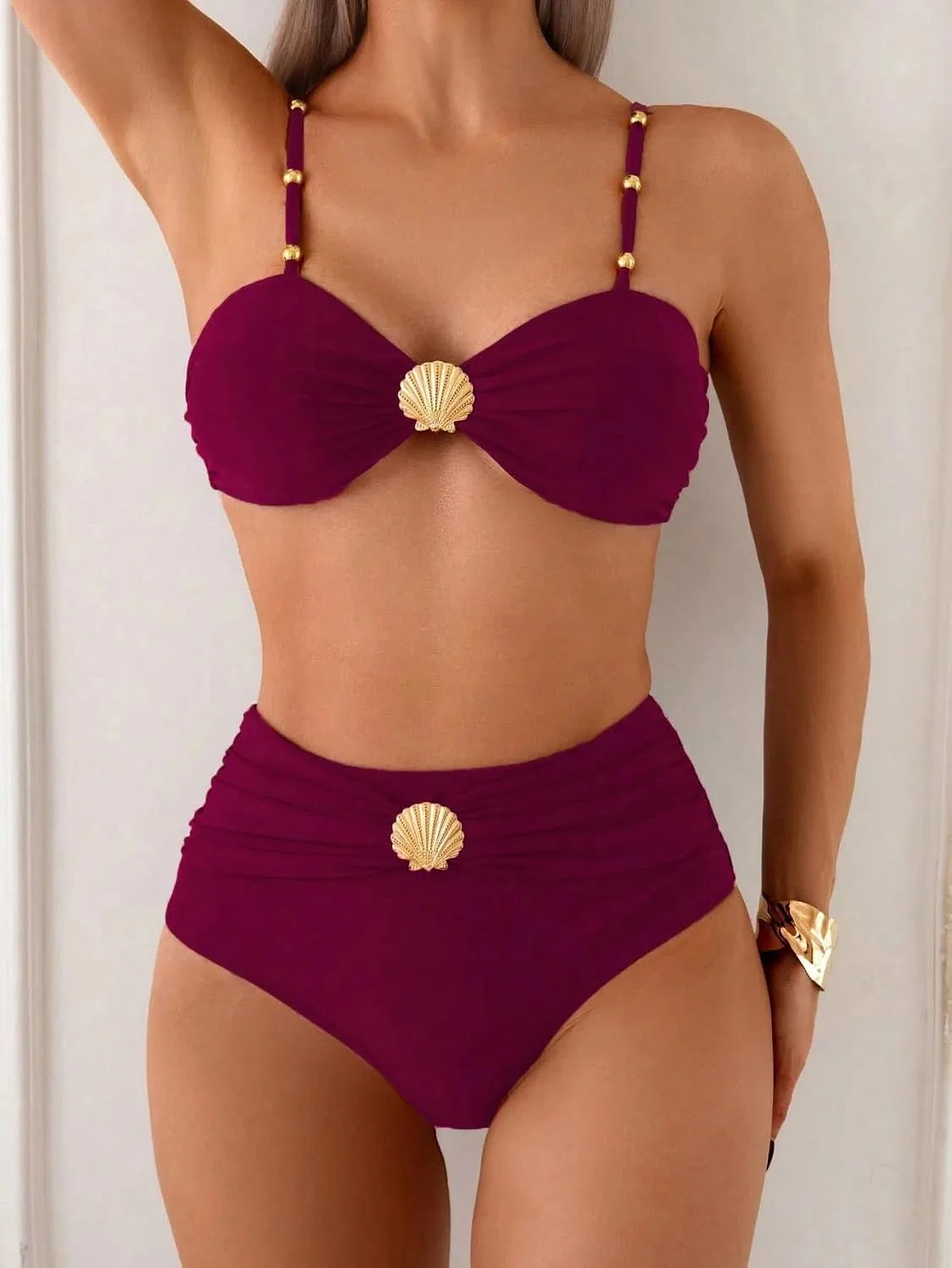 Женский бикини-сет с высокой талией, Wirefree, Full Cup, Burgundy — фото 4