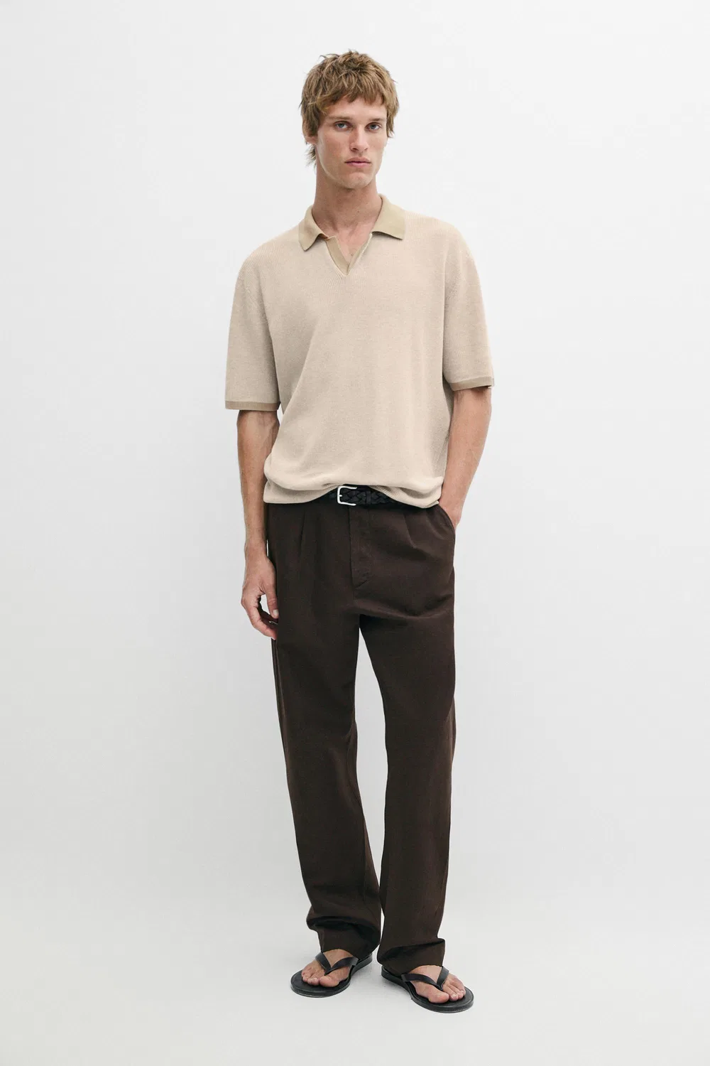 Поло-свитер Massimo Dutti 100% Cotton Knit, кремовый — фото 3
