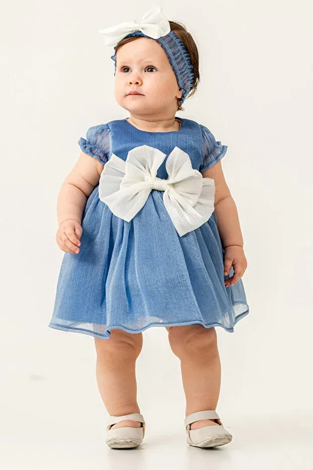 Детское платье для девочек с коротким рукавом Baby girl dress with ribbon detail special occasion dress with bandana gift Eray Kids, Blue