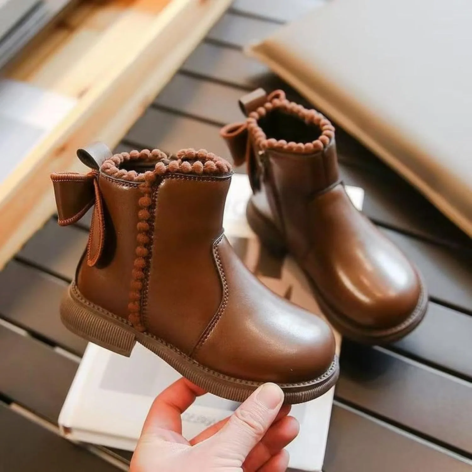 Детские сапоги для девочек с бантом и принтом Bow Ankle Boots, Brown — фото 2