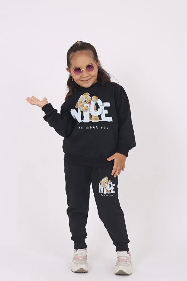 Детский комплект из футера для девочек с принтом Cute teddy bear print & hooded girls' tracksuit set Armicem, Black — фото 4