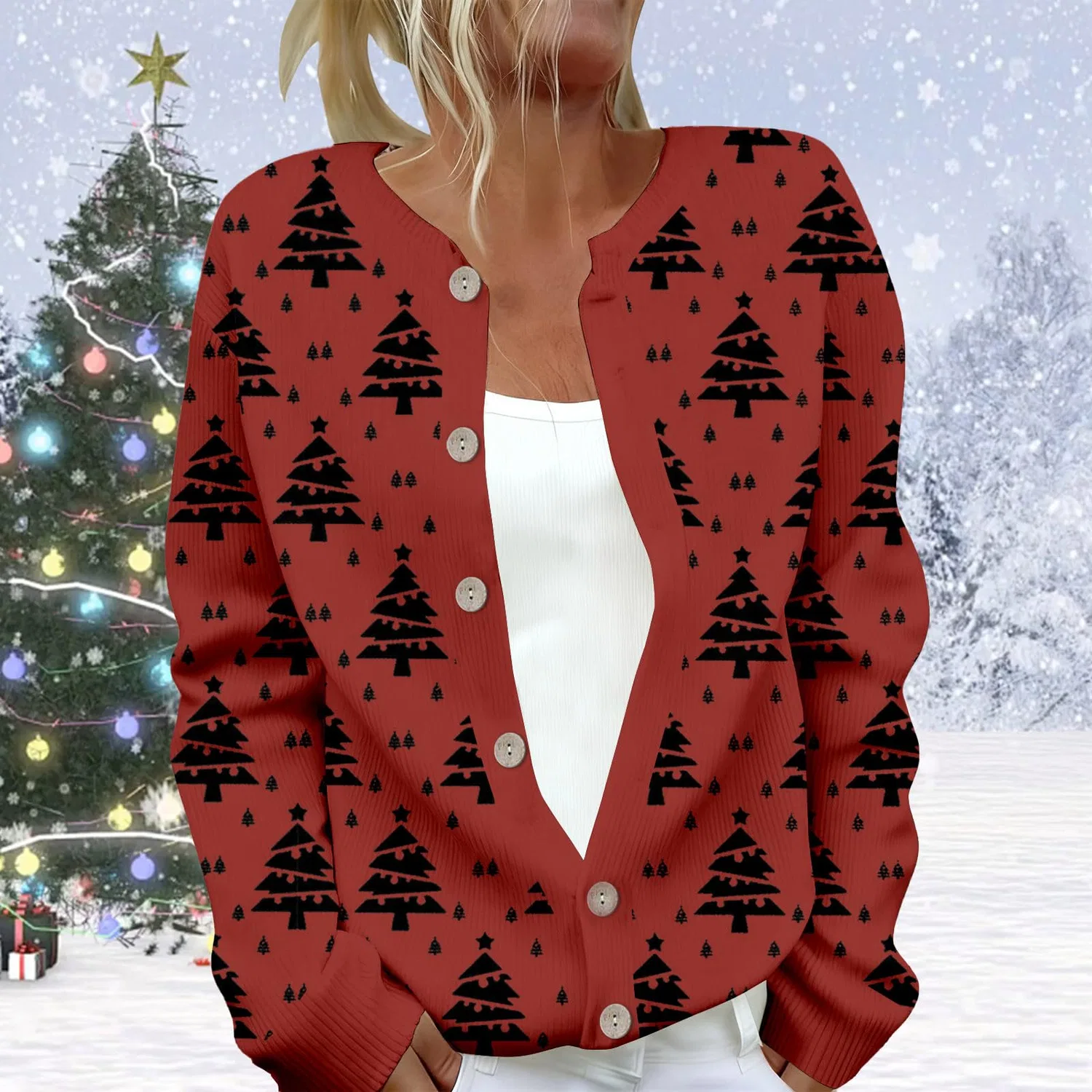 Женский кардиган с принтом Elegante cardigan casual con stampa e abbottonatura, Rosso #7 — фото 2