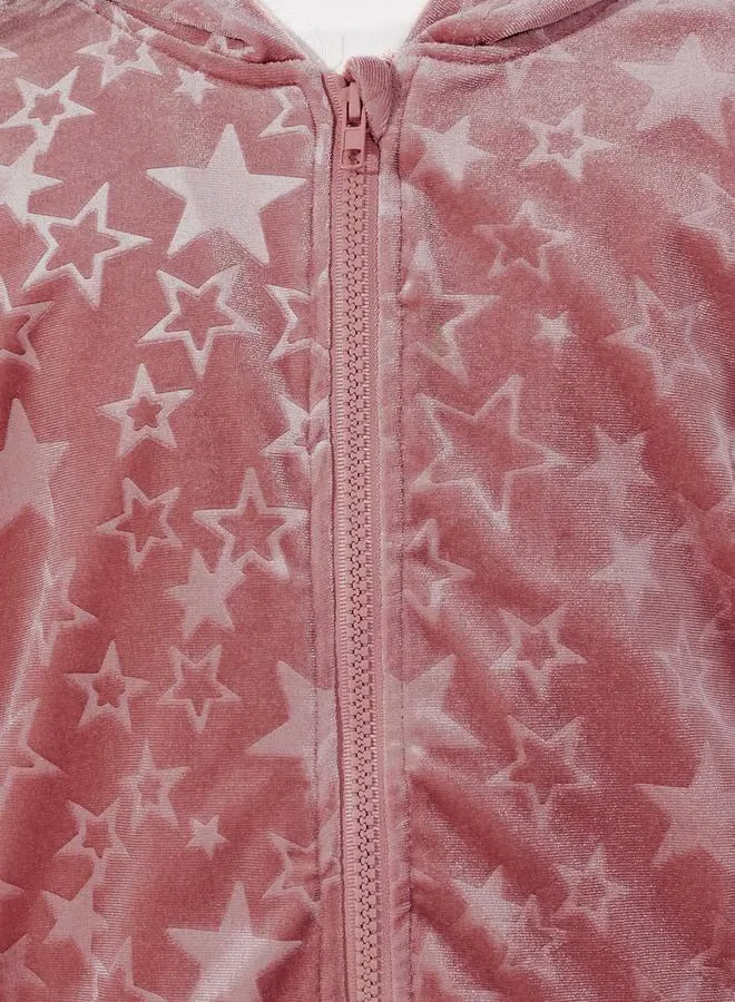 Комплект с звездным принтом на молнии худи и брюки клеш Star pattern zipper front velvet Styli, пыльно-розовый — фото 4