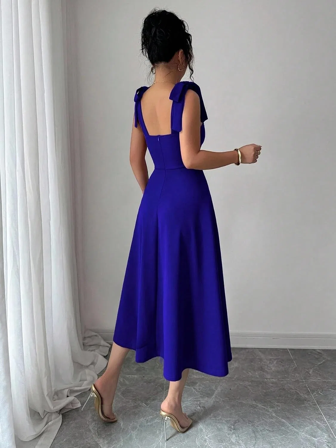 Женское повседневное платье миди A-силуэта с завязкой на талии, Royal Blue — фото 2