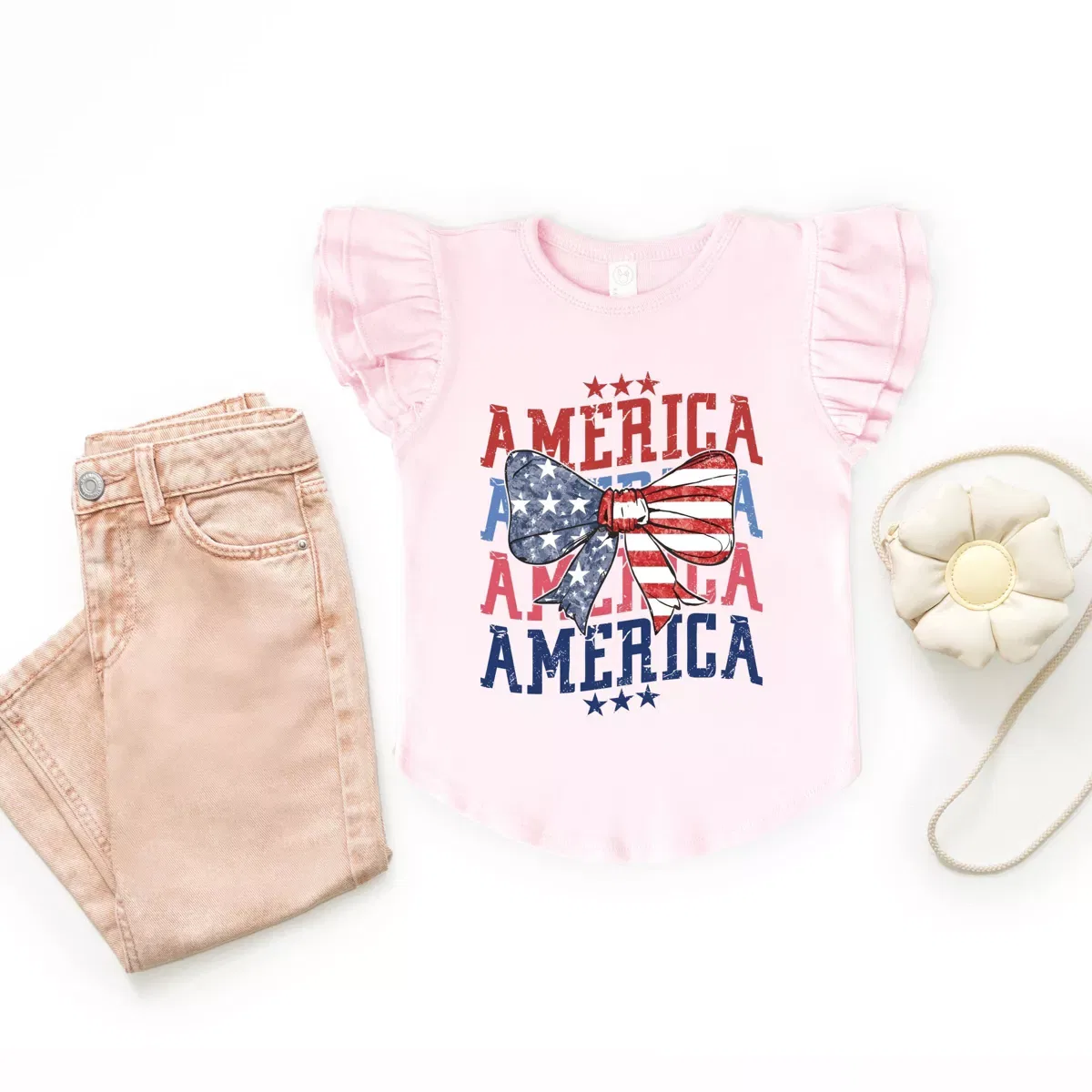 Детская футболка для девочек с принтом America Wave Stacked Coquette The Juniper Shop, White — фото 3