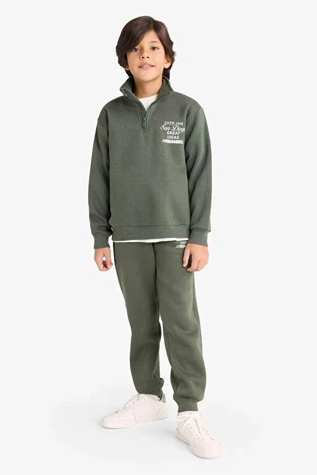 Детские свитшот для мальчиков с принтом Half Zipper Soft Fleece Inside Printed Sweatshirt Boys E9600A825AU Defacto, Khaki — фото 2
