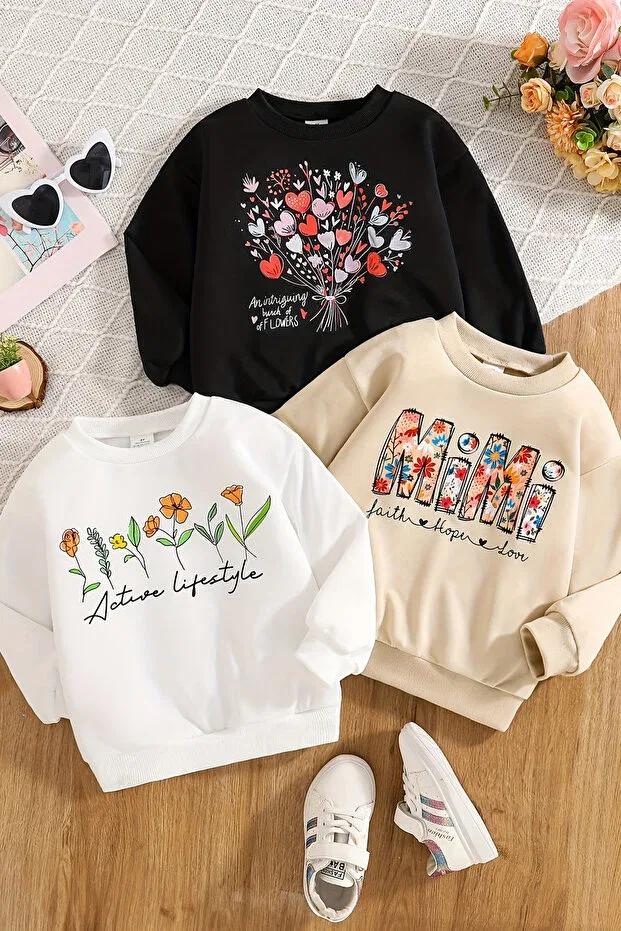 Детские свитшот для девочек с принтом Spring themed 3-piece premium crew neck sweatshirt Myada, Colored