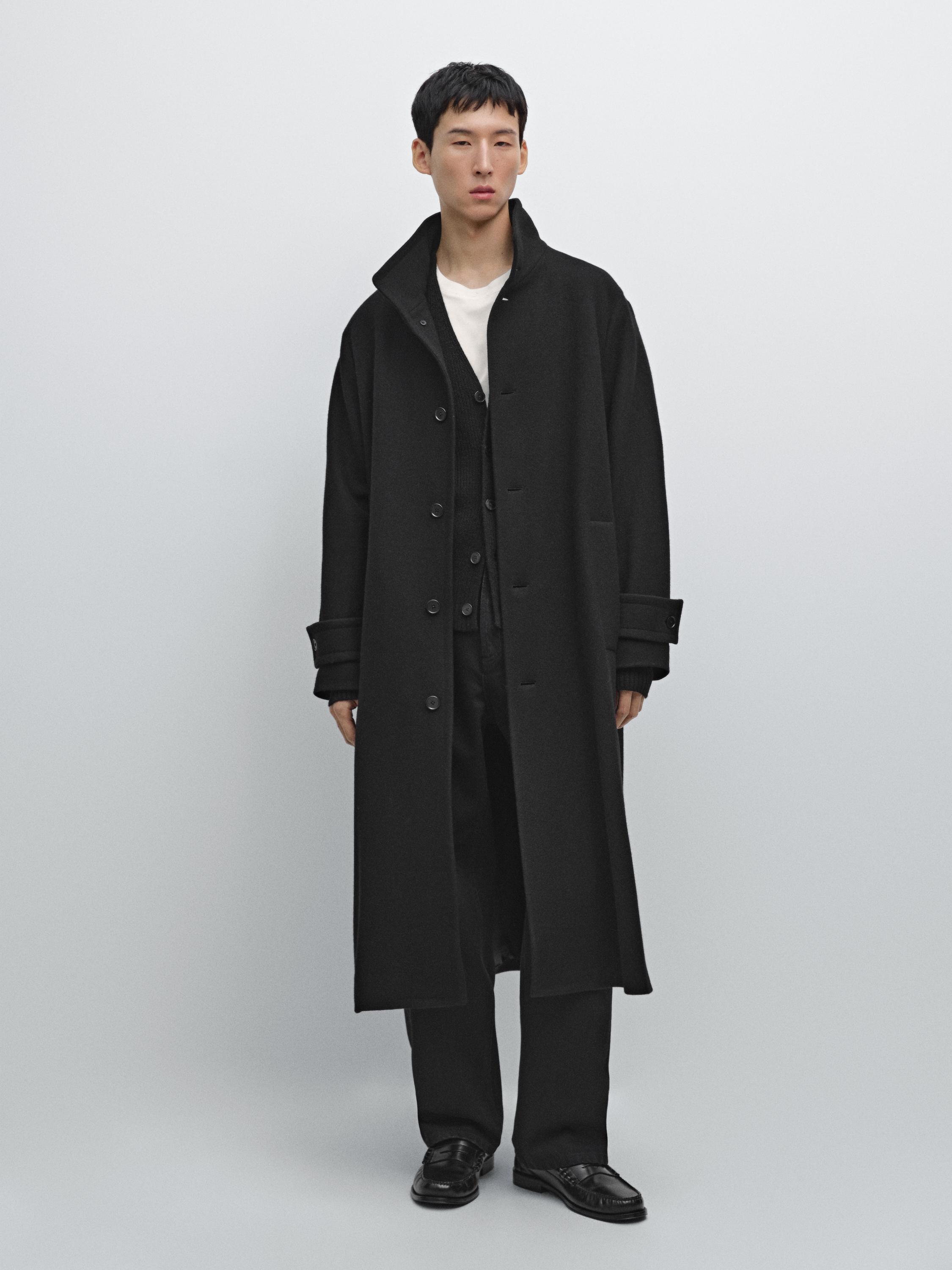 Длинное пальто из 100% шерсти с высоким воротником Massimo Dutti, черный