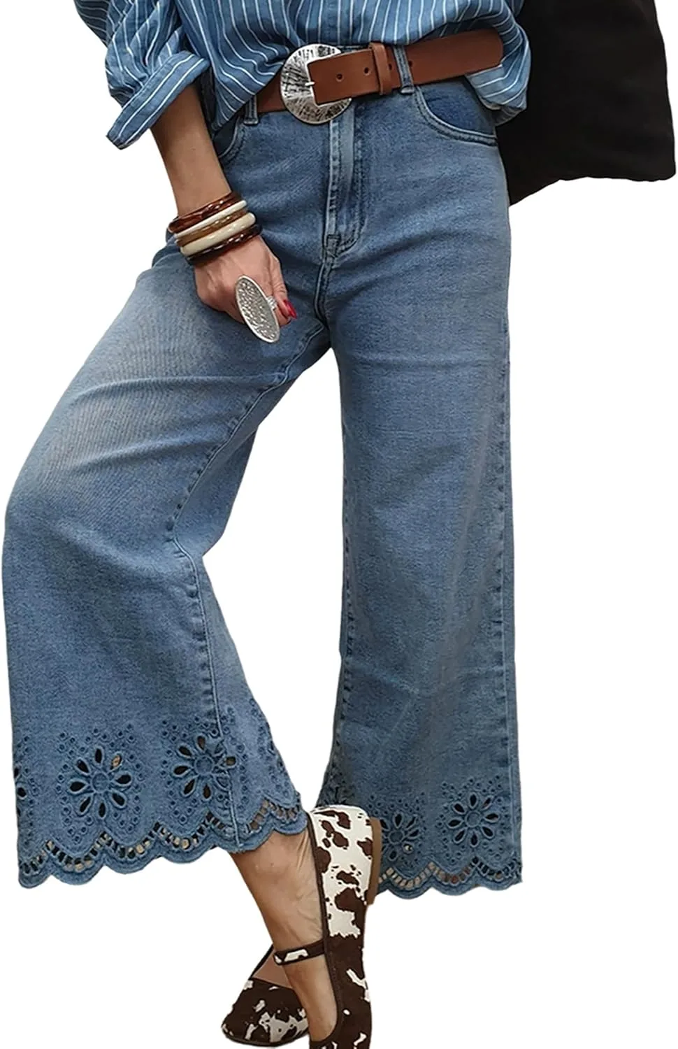 

Женские джинсы с высокой талией и расклешенными штанинами QLAUYIOE