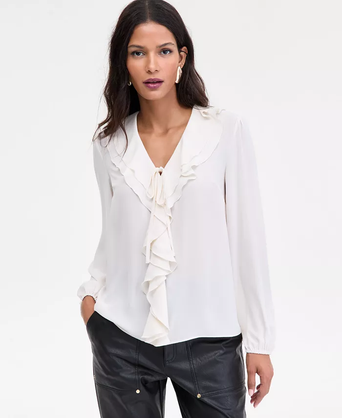 

Женская блузка с воротником-рюшем и V-образным вырезом I.N.C. International Concepts, слоновая кость/кремовый